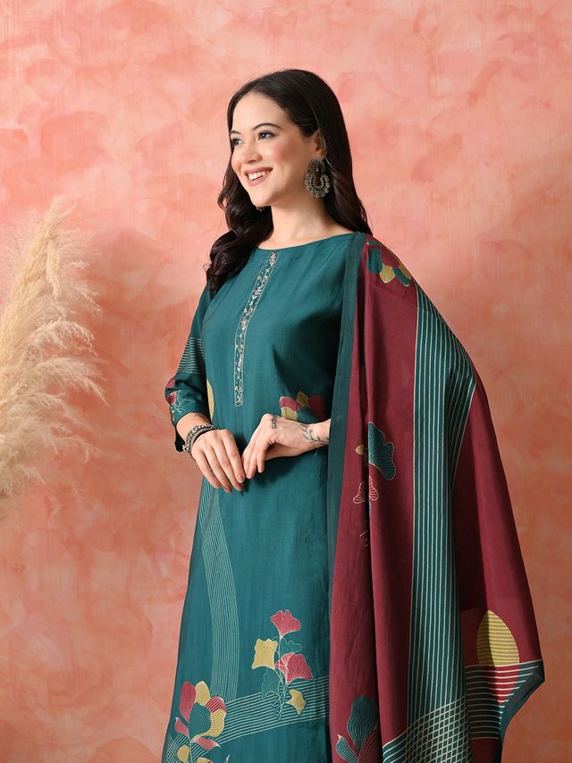 Teal Color Roman Silk Fabric Designer Partywear Readymade Suit 4235