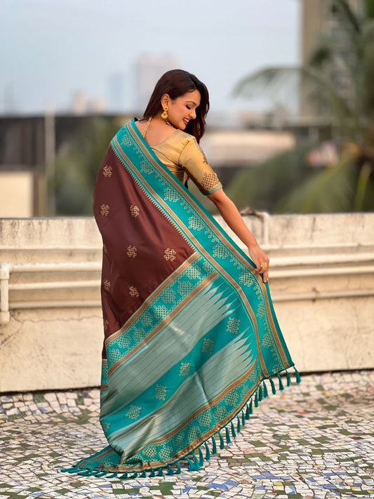 Coffee Color Soft Silk Woven Designer Saree For Ceremonial Looks