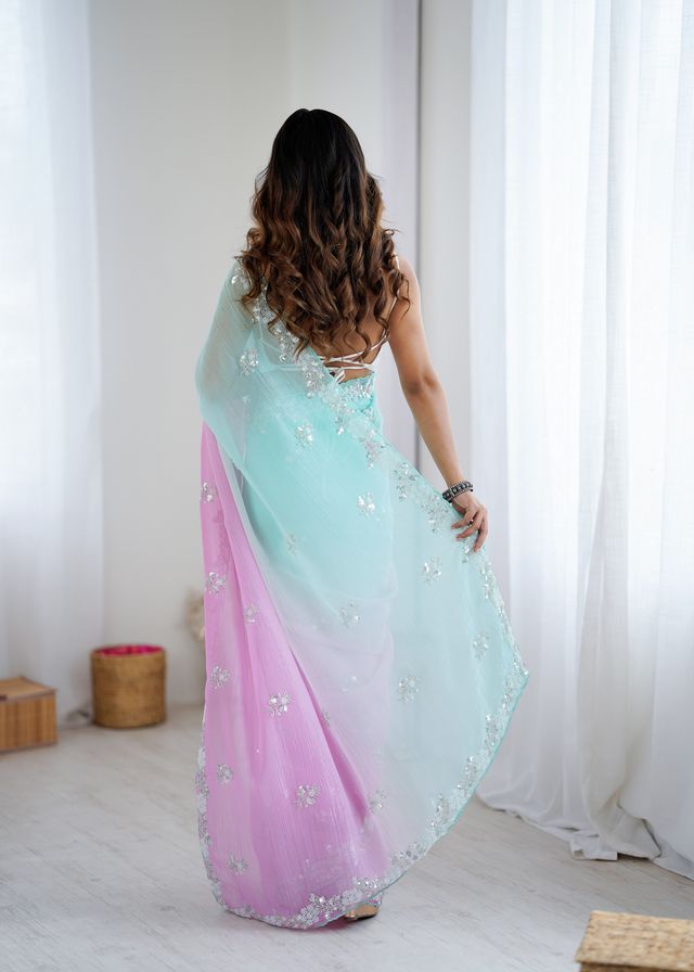 Sea Green Color Chiffon Crush Fabric Heavy Designer Work Partywear Saree