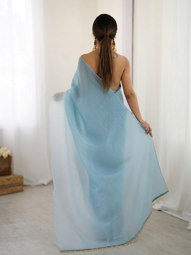 Designer Sky Blue Color Candy Crush Silk Fabric Stylish Pre Stitched Saree