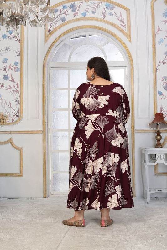 Wine Color Rayon Fabric Designer Printed Plus Size Kurta For Girls