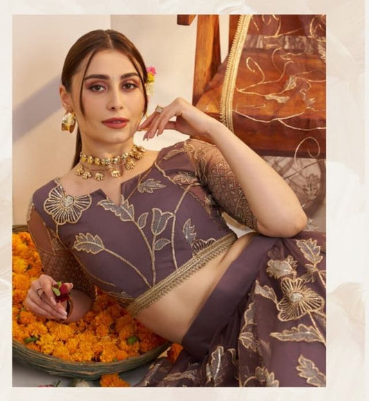 Light Onion Heavy Embroidery Net Semi Stitch A Line Lehenga With Blouse