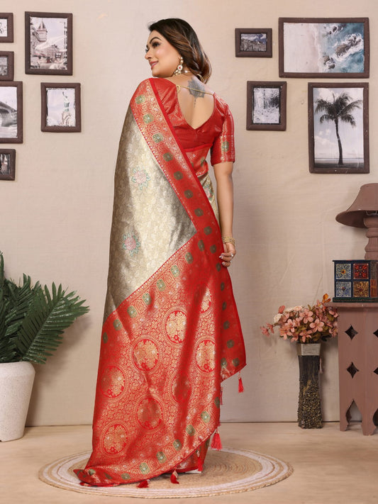 Grey Banarasi Tissue Silk Saree With Weaving Work