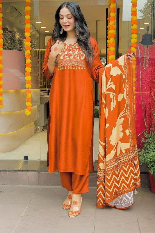Rust Color Cotton Fabric Designer Partywear Salwar Kameez