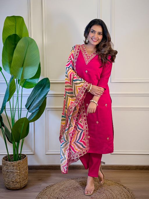 Women's Gorgeous Viscose Embroidery Straight Kurta with Pant And Dupatta Set