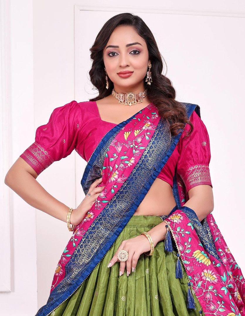 Green patola print dola silk semi stitched lehenga choli with tassels