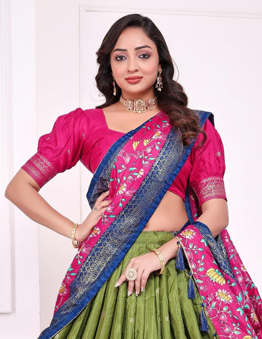 Green patola print dola silk semi stitched lehenga choli with tassels
