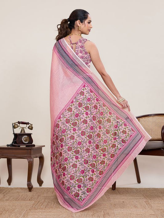 Pink Color Linen Silk Fabric Beautiful Partywear Saree