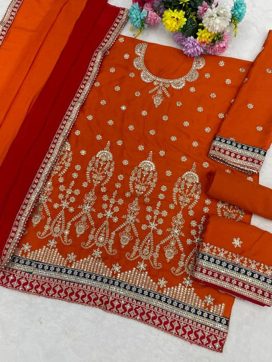 Orange Chinon Silk Semi Stitched Wedding Suits