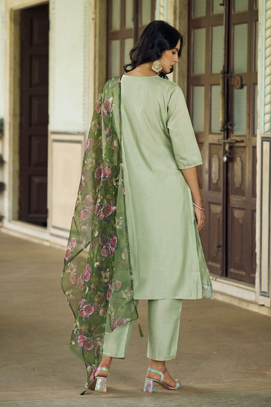 Pista Color Viscose Rayon Fabric Beautiful Embroidered Kurta Set With Dupatta