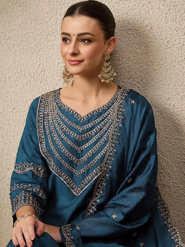 Rama Color Roman Silk Fabric Beautiful Festive Wear Salwar Kameez
