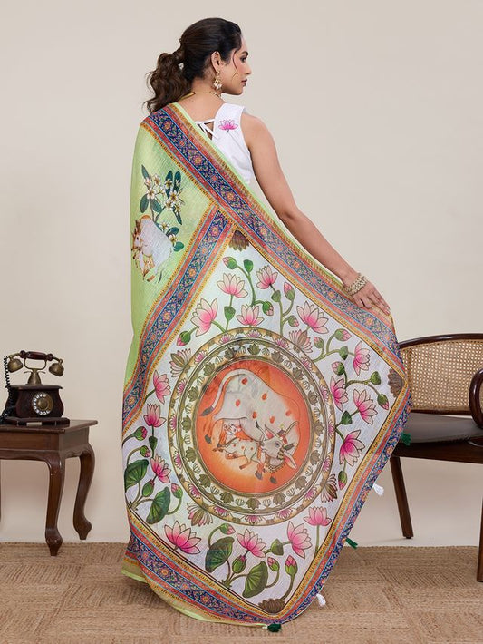 Green Color Linen Silk Fabric Beautiful Partywear Saree