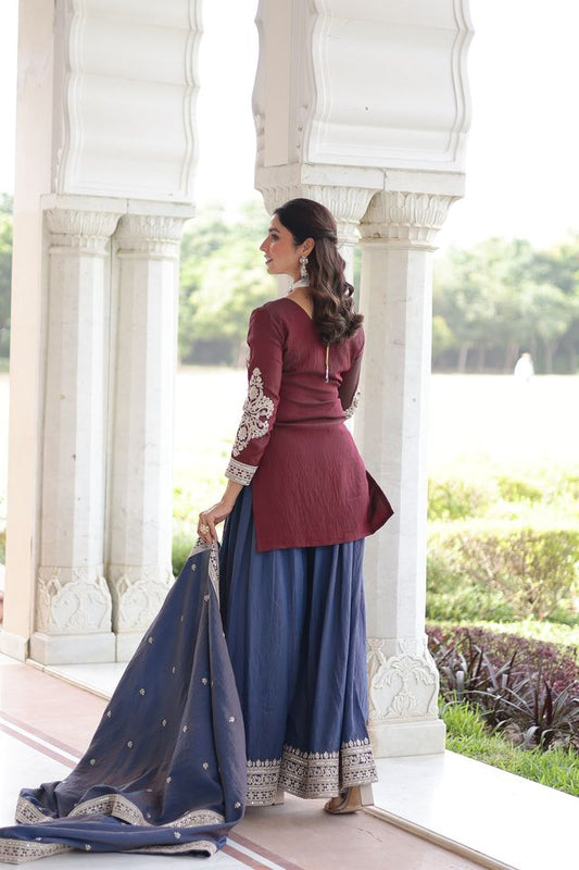 Maroon Color Designer Ethnic Heavy Partywear Suit For Ceremonial Looks