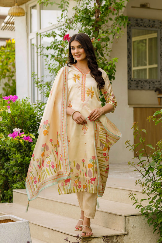 Women's Viscose Assam Silk Embroidered Straight Kurta with Pant And Dupatta Set
