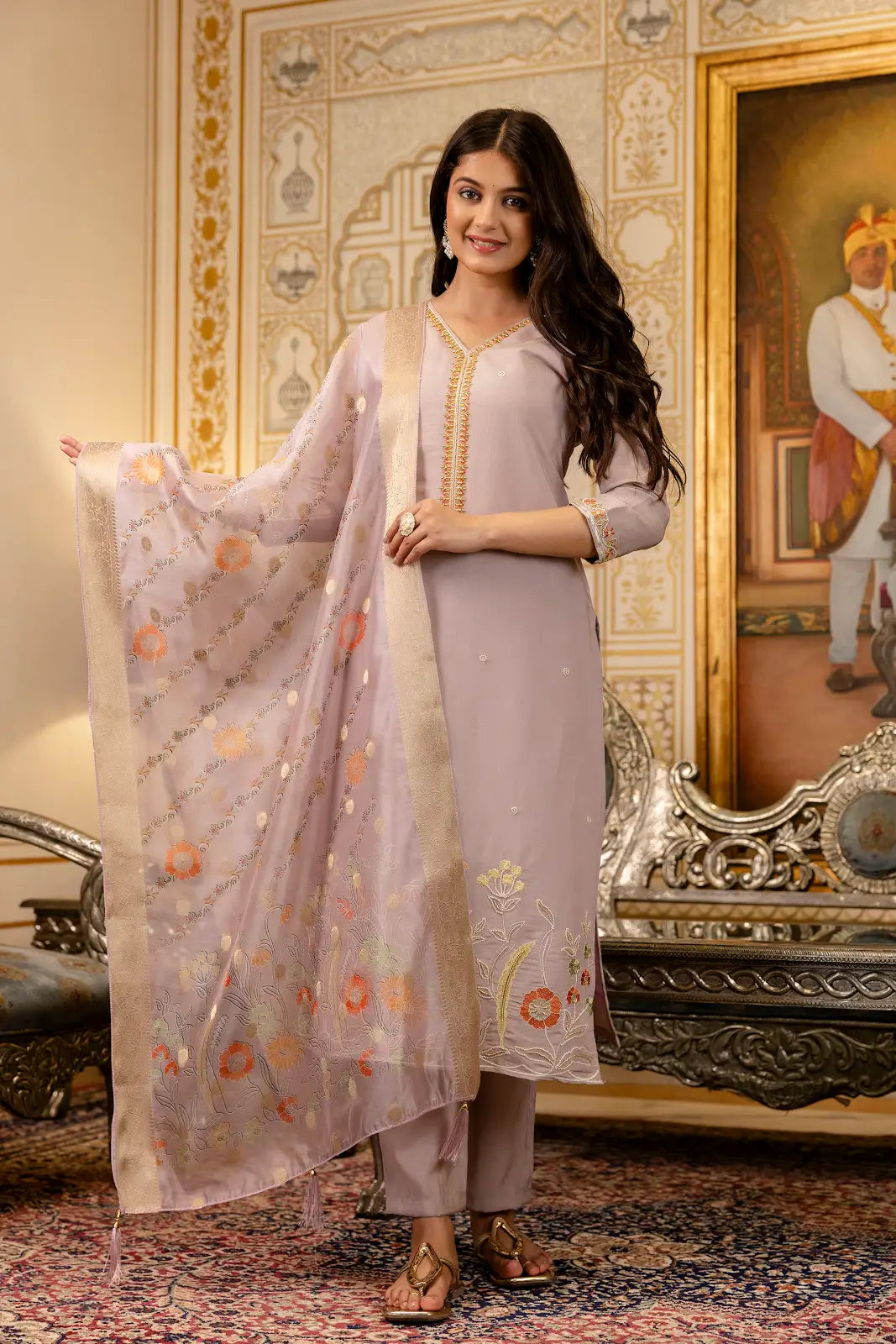 Women's Beautiful Viscose Shimer Fabric Embroidery Work Straight Kurta Pant and Dupatta Set