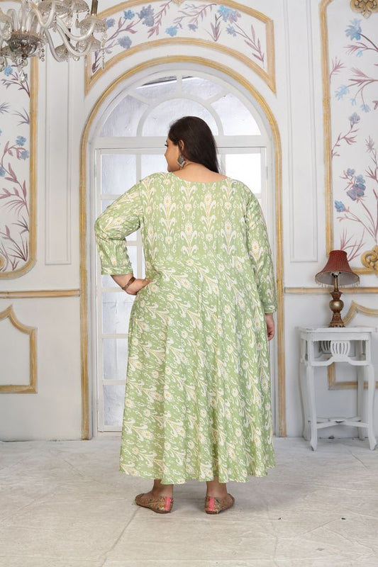 Green Color Rayon Fabric Designer Printed Plus Size Kurta For Girls