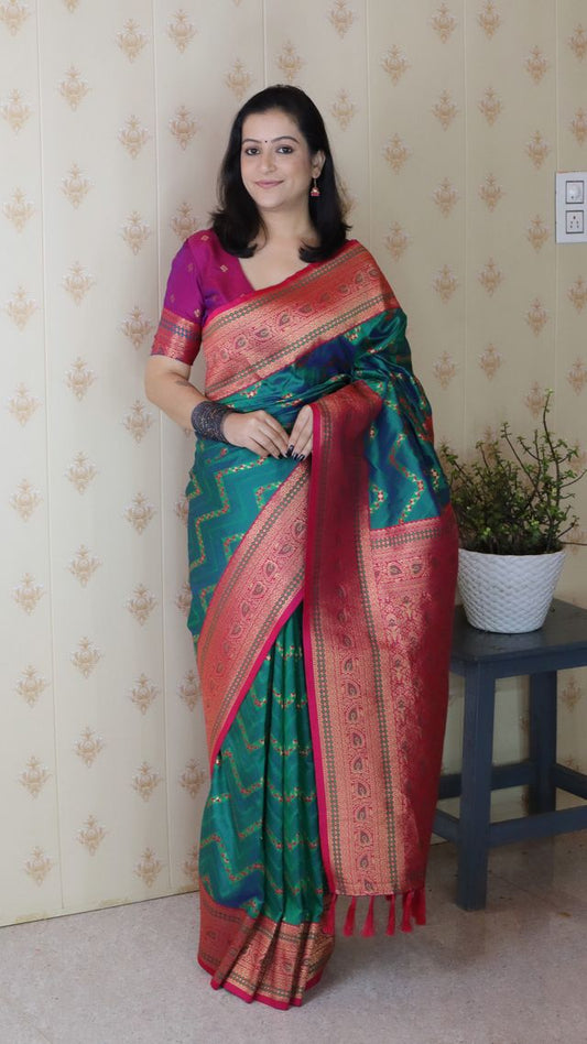 Rama Color Banarasi Silk Fabric Woven Designer Traditional Saree
