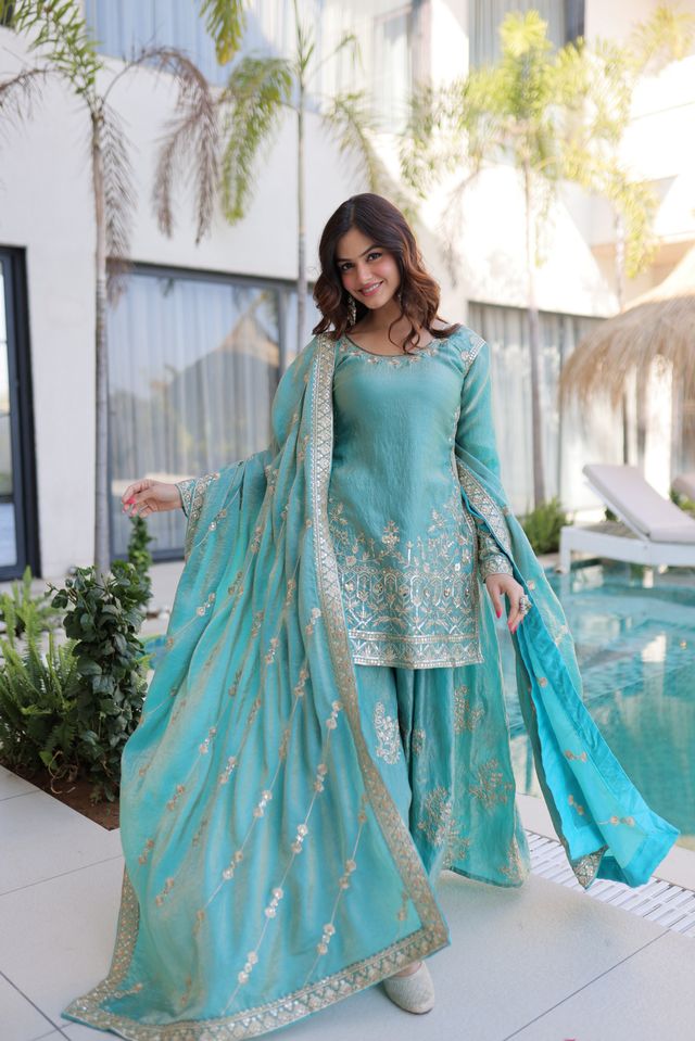 Sea Green Color Fendy Crush Fabric Classy Sequins Embroidered Partywear Readymade Suit With Dupatta