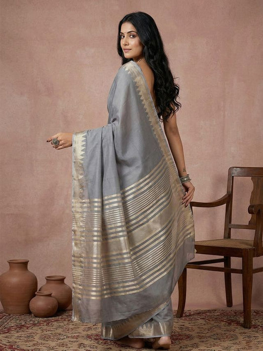 Grey Color Blended Cotton Woven Designer Ceremonial Sober Looks Saree