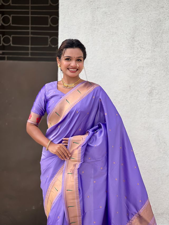 Lavender Color Soft Silk Fabric Woven Paithani Designer Cultural Rich Saree