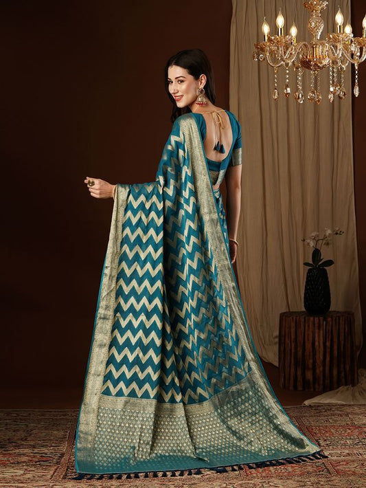 Teal Blue Color Beautiful Woven Ethnic Georgette Fabric Ceremonial Saree