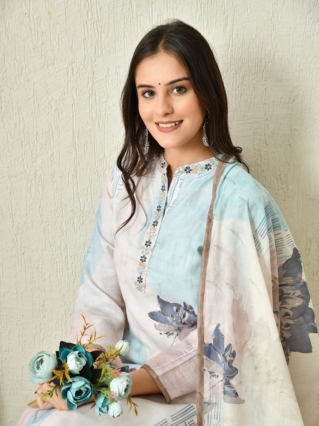 Off White Color Linen Fabric Designer Partywear Readymade Suit