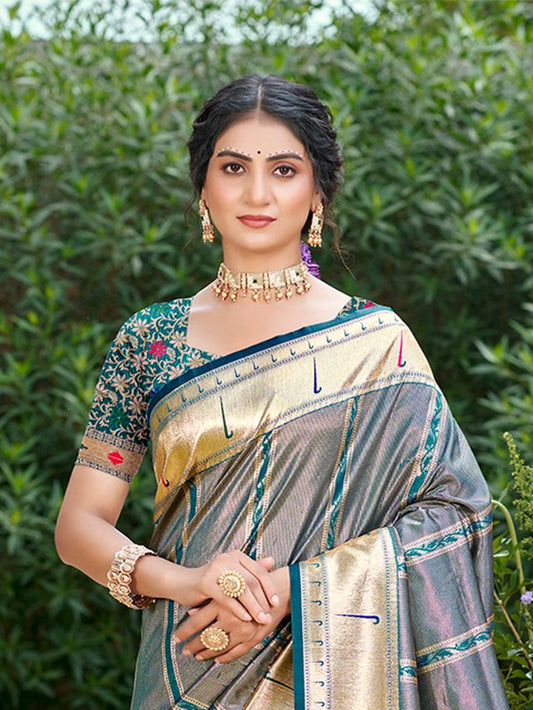 Woven Meenakari Designer Gray Color Ethnic Partywear Saree