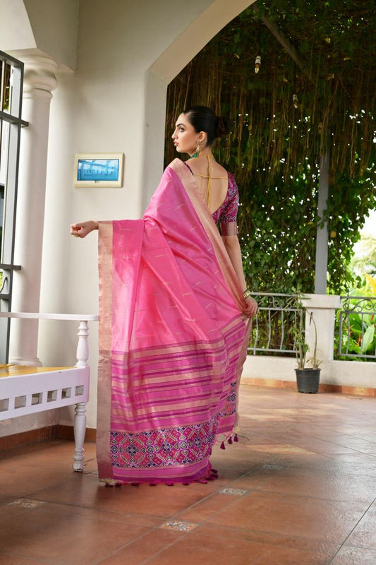 Pink Color Khadi Raw Silk Fabric Woven Meena Rich Pallu Border Designer Beautiful Saree