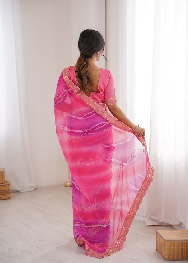 Pink Color Georgette Chiffon Fabric Saree With Designer Festive Looks Saree