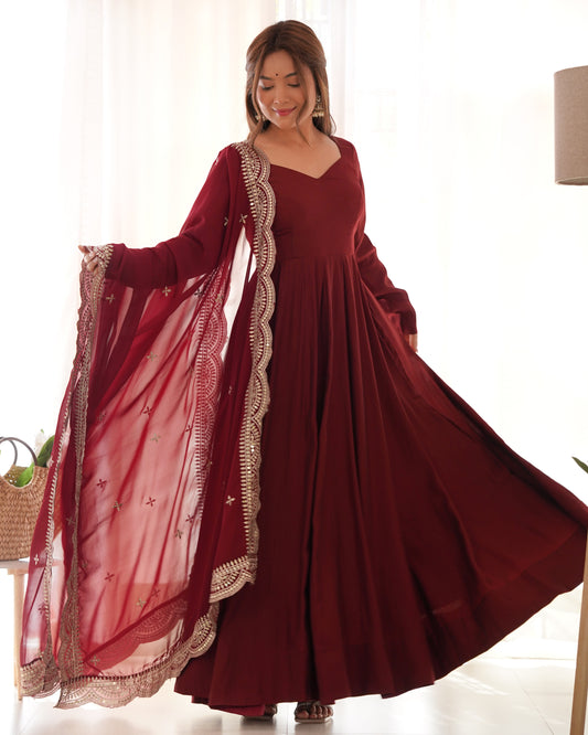 Women's Beautiful Solid Roman Silk Chanderi Fabric Flared Anarkali Pant and Dupatta Set