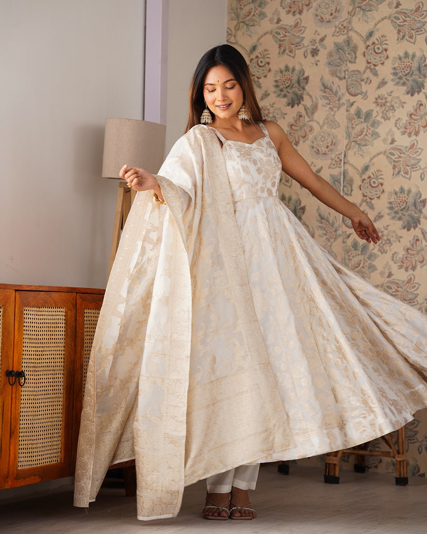 Off-White & Gold Jecqaurd banarasi Anarkali Kurta Set with Dupatta