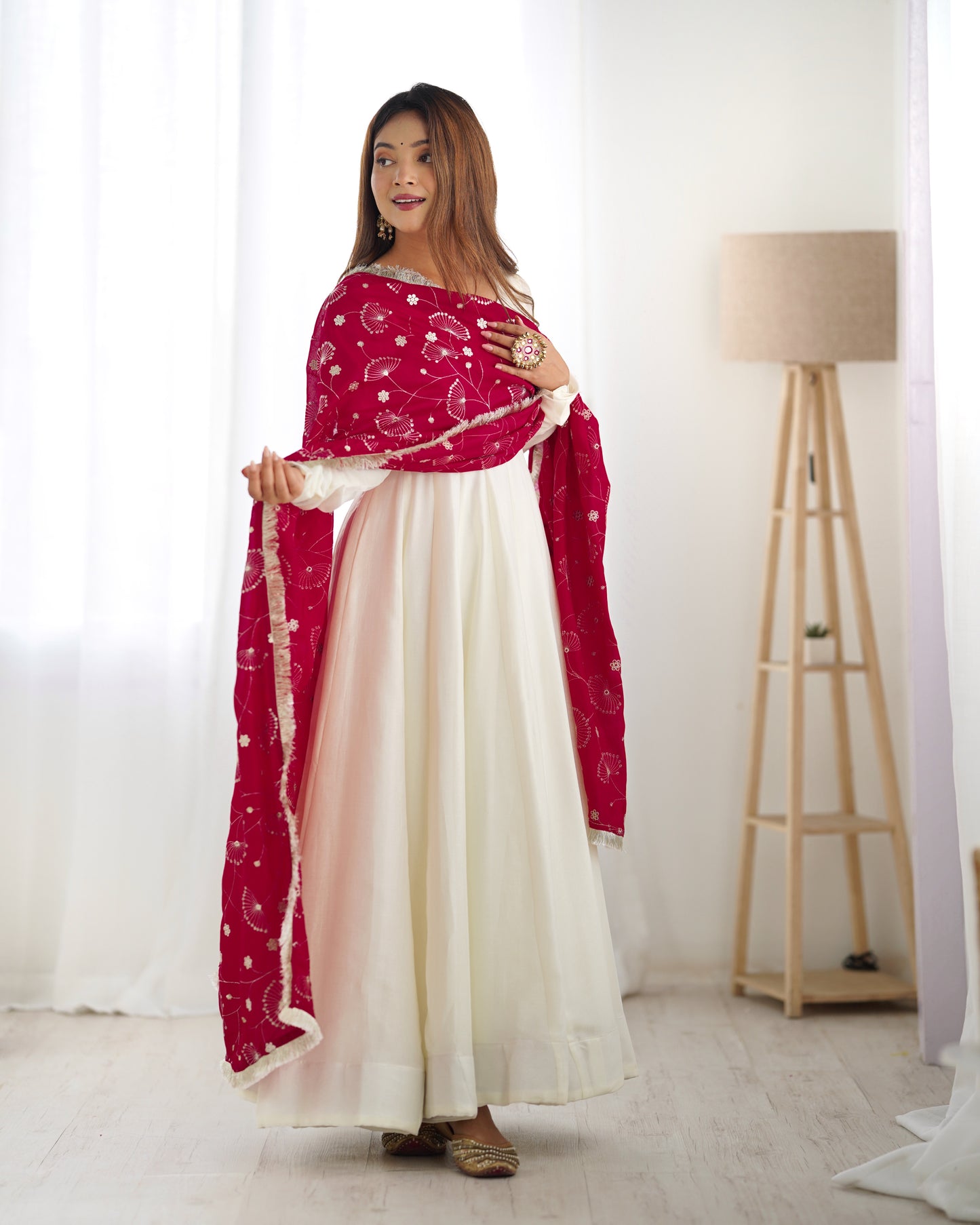 Women's Gorgeous Solid Vichitra Silk Fabric Flared Anarkali Pant and Dupatta Set