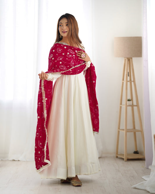 Women's Gorgeous Solid Vichitra Silk Fabric Flared Anarkali Pant and Dupatta Set