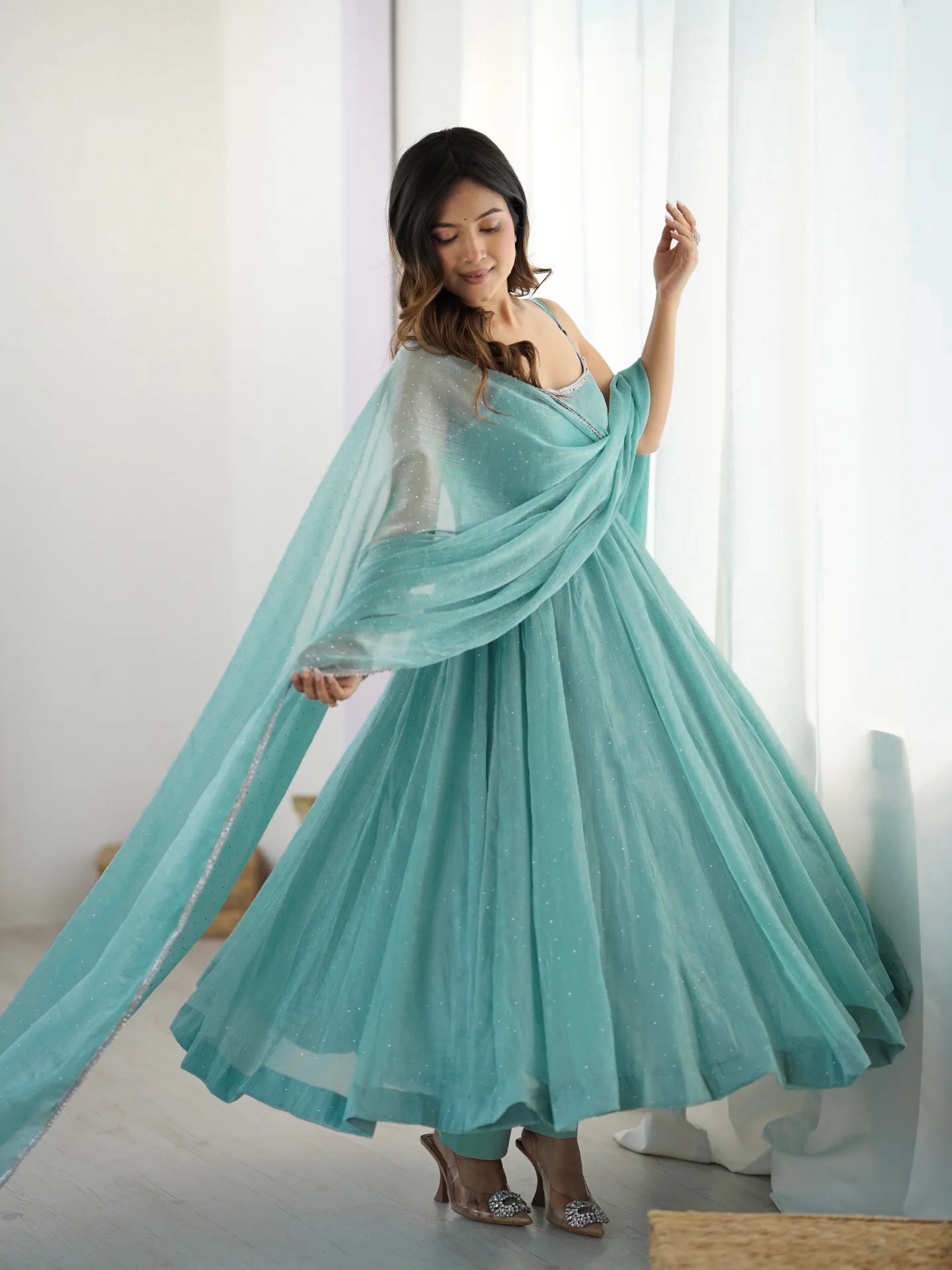 Women's Beautiful Embroidery Crunchy Silk Fabric Flared Anarkali Pant and Dupatta Set