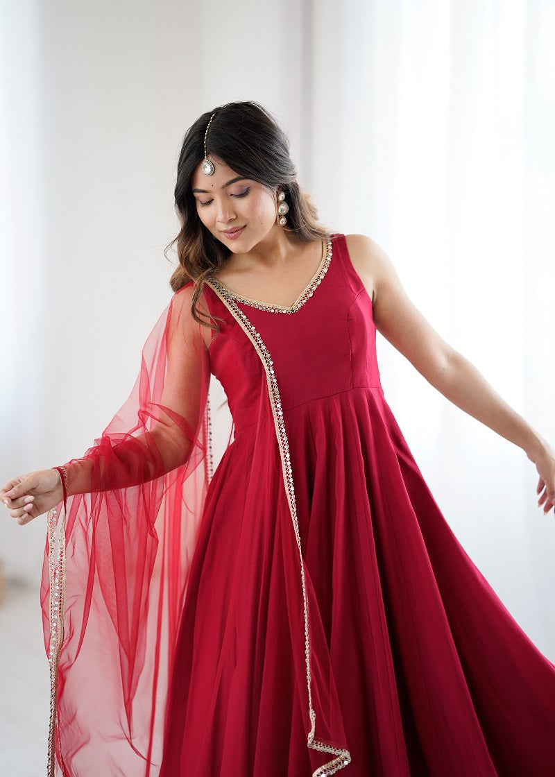 Maroon Pure Romansilk Chanderi Plain Fully Flair Anarkali Suit