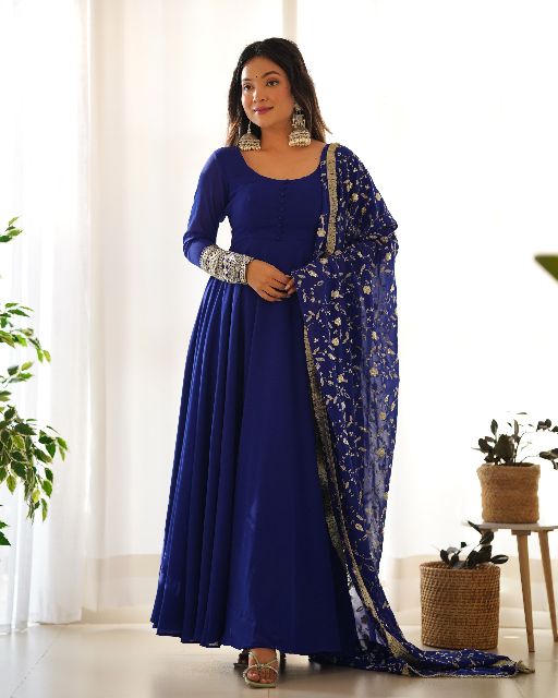 Women's Gorgeous Embroidery Work Fox Georgette Fabric Flared Anarkali Pant and Dupatta Set