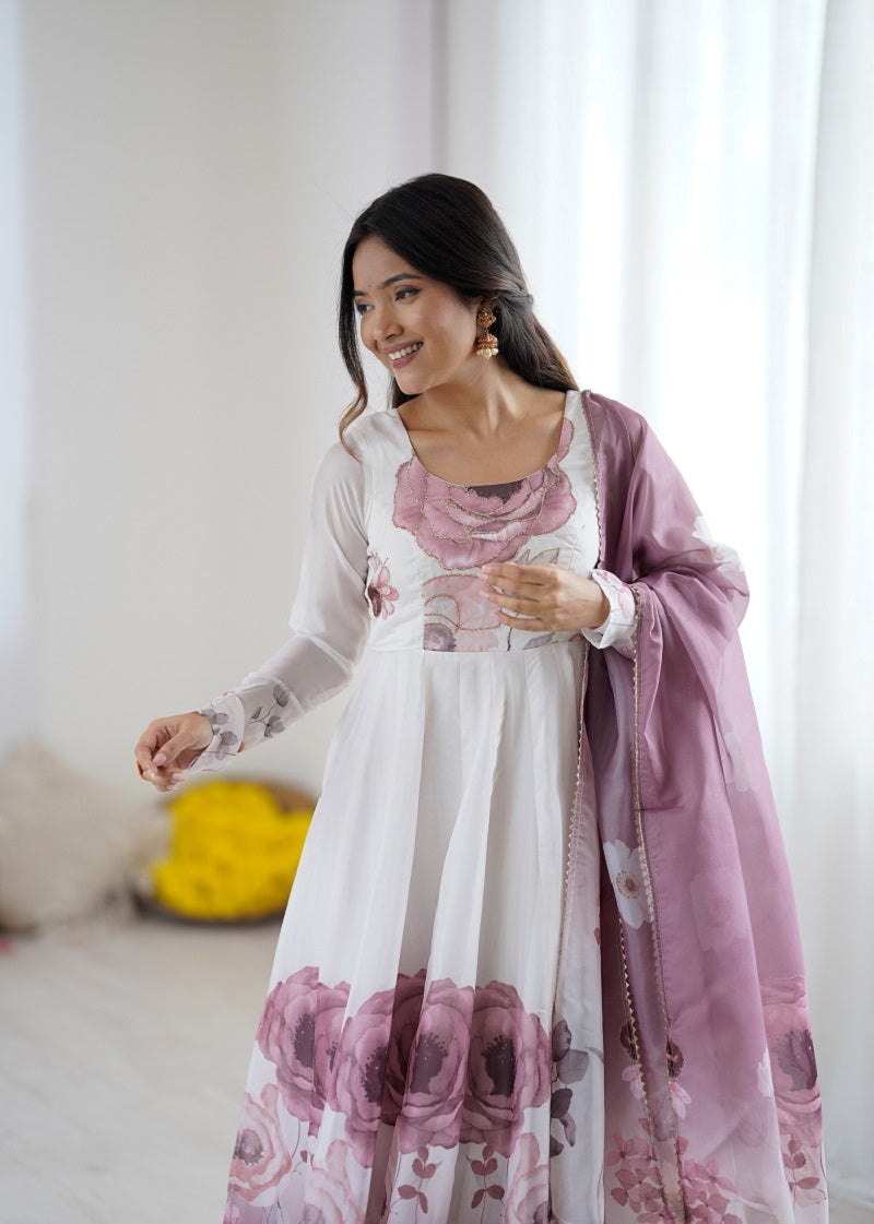 Onionpink Soft Organza Silk With Floral Print Fully Flared Anarkali Pant With Dupatta Set