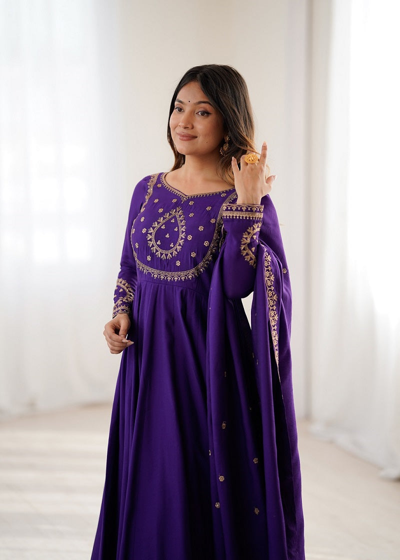 Women Purple Embroidered Beads Work Anarkali Kurta with Dupatta