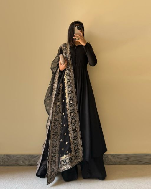 Designer Black Ethnic Wear Party Wear Black Kurti With Sharara And Dupatta Embroidered Black Sharara Set