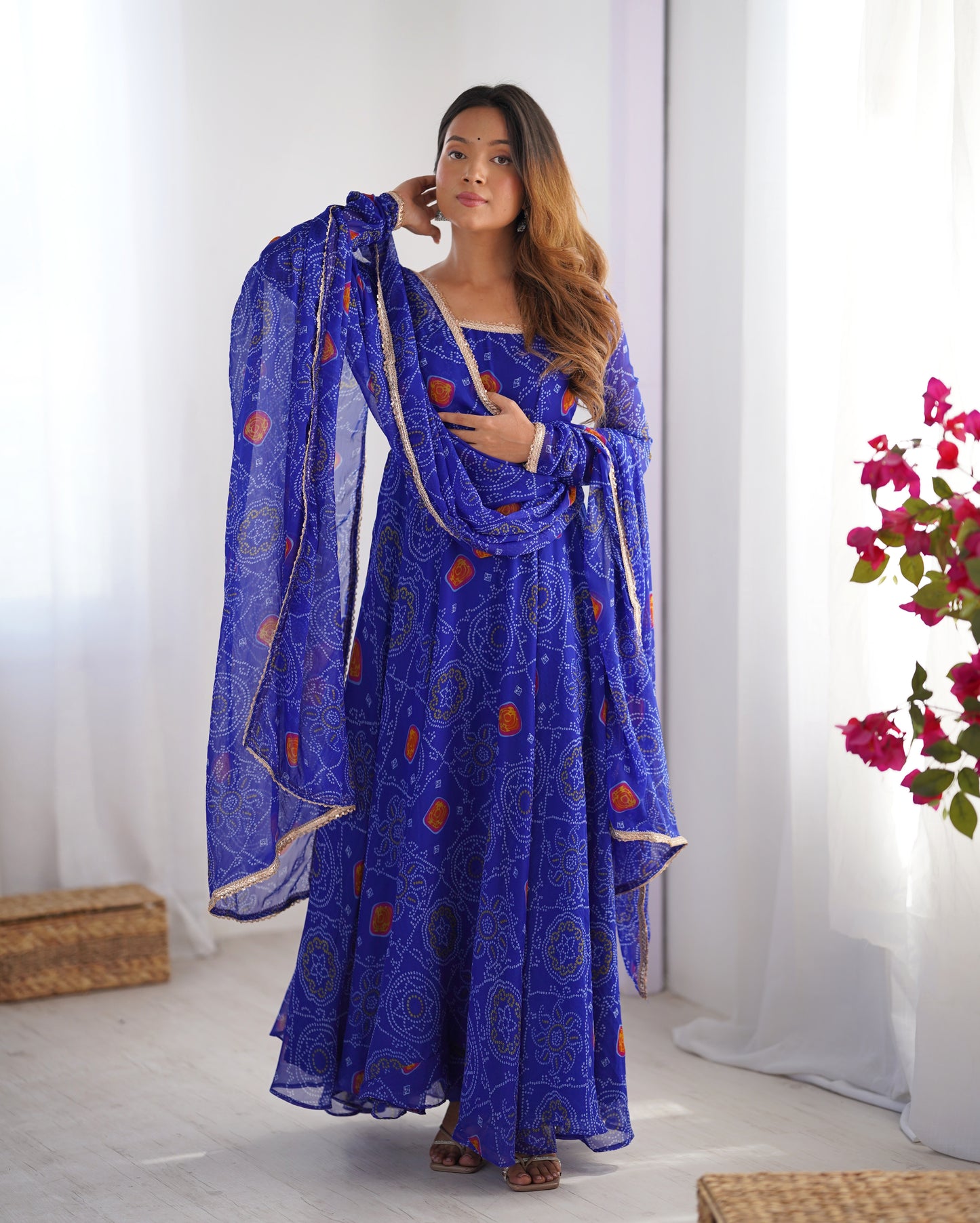 Women's Gorgeous Bandhani Printed Chiffon Fabric Flared Anarkali Pant and Dupatta Set
