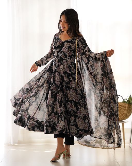 Women's Gorgeous Floral Print Fox Georgette Fabric Flared Anarkali Pant and Dupatta Set