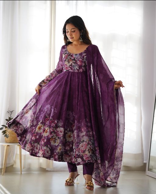 Women's Beautiful Floral Printed Organza Silk Fabric Flared Anarkali Pant and Dupatta Set