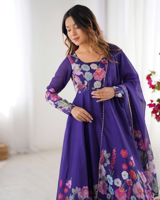 Floral Anarkali Purple Ethnic Dress Indian Traditional Wear Embroidered Kurta Set Dupatta With Floral Border Fe