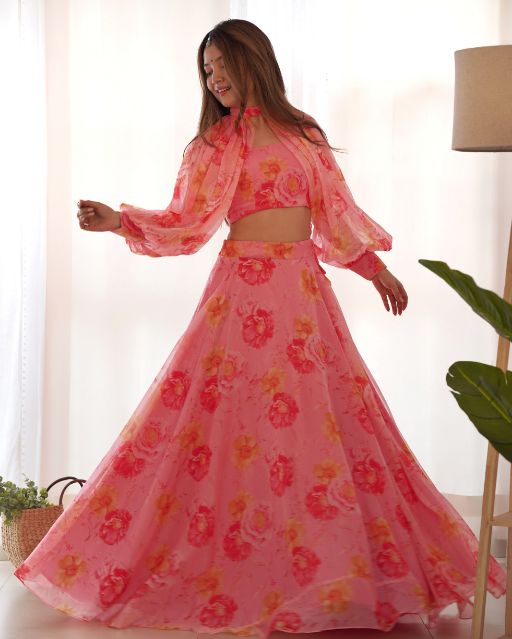 Multi Floral Organja Fabric Lehengha Choli Full Sttiched With Detachable Sleeves,With Fancy Blouse Fully Sttiched Ready To Wear