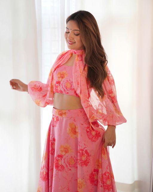 Multi Floral Organja Fabric Lehengha Choli Full Sttiched With Detachable Sleeves,With Fancy Blouse Fully Sttiched Ready To Wear