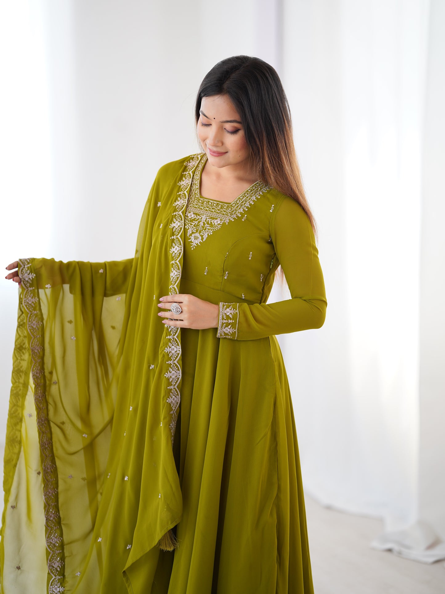 Olive Green Anarkali Suit Embroidered Dupatta Set Indian Ethnic Wear for Women Festive Anarkali Dress Chiffon Anarkali with Dupatta