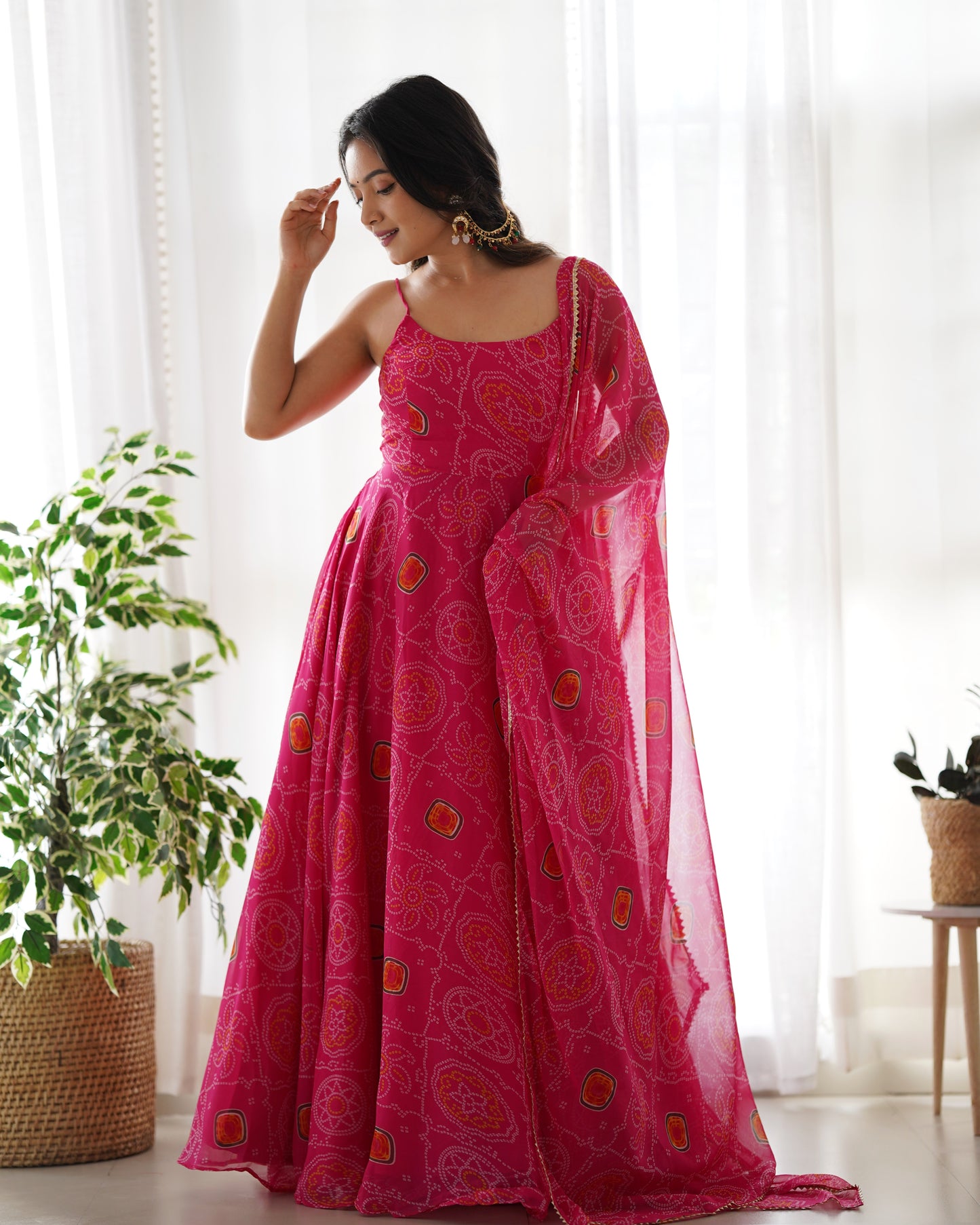 Women's Beautiful Printed Chiffon Bandhej Fabric Flared Anarkali Pant and Dupatta Set