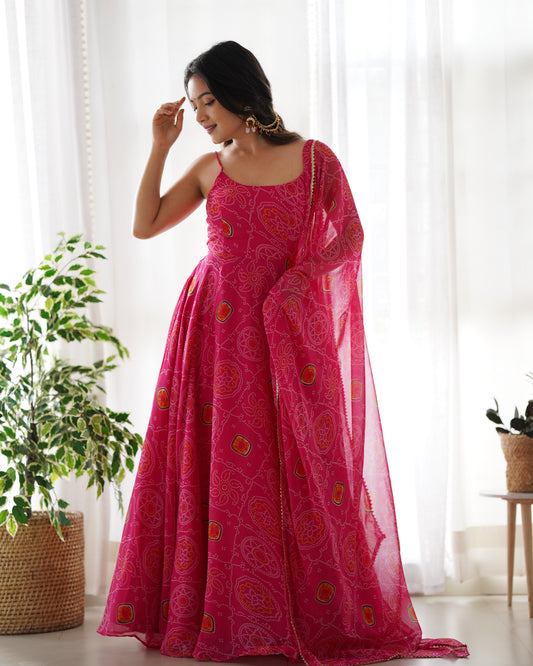 Women's Beautiful Printed Chiffon Bandhej Fabric Flared Anarkali Pant and Dupatta Set