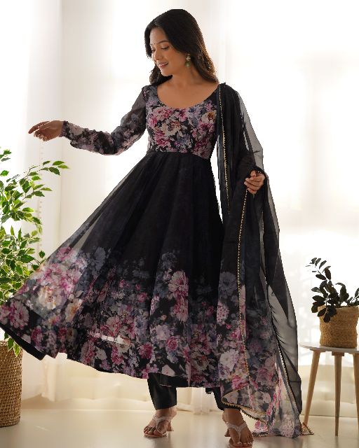 Women's Beautiful Floral Printed Organza Silk Fabric Flared Anarkali Pant and Dupatta Set