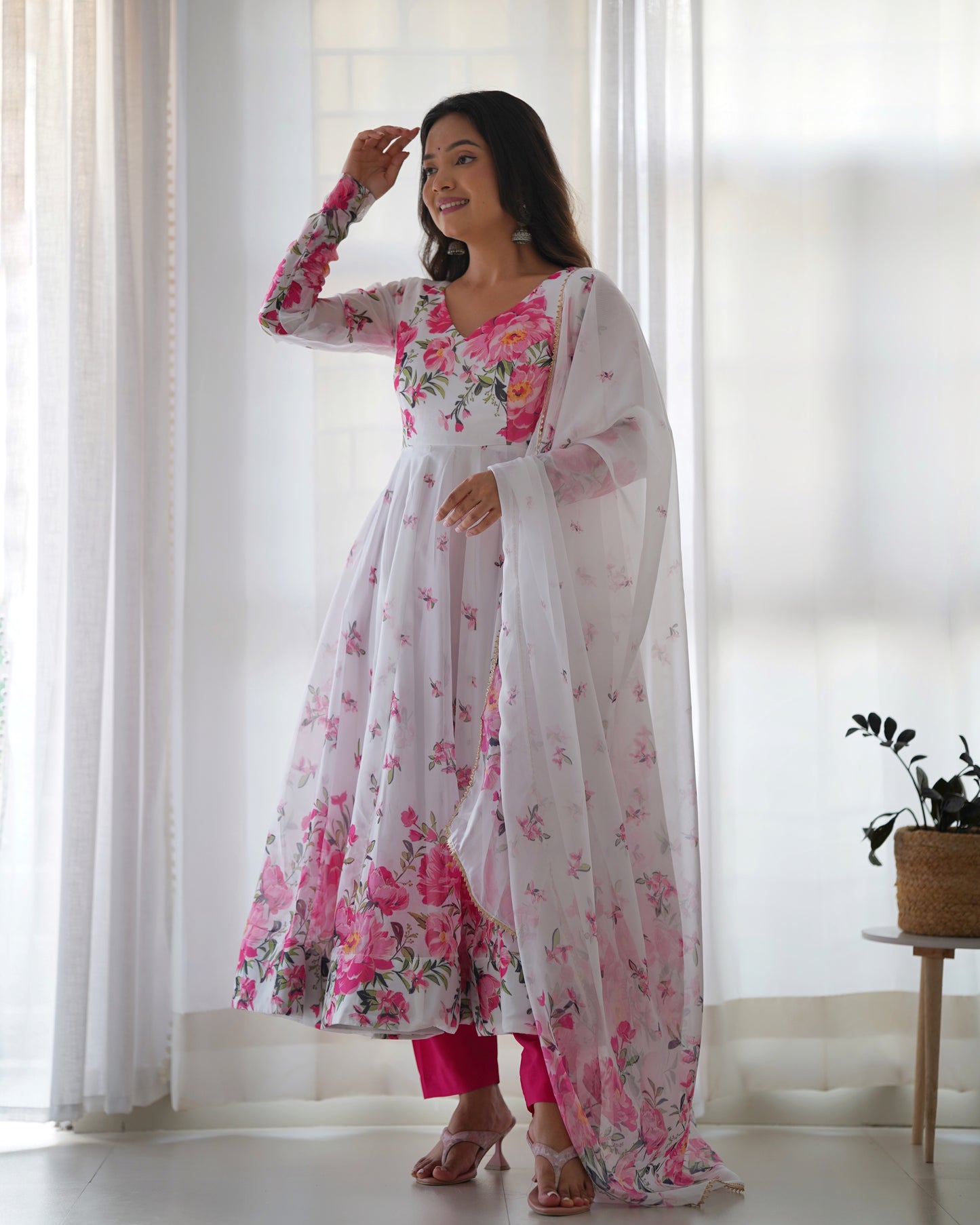 Women's Beautiful Floral Printed Organza Silk Fabric Flared Anarkali Pant and Dupatta Set 38